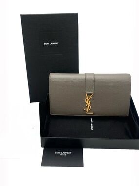 Auth Saint Laurent YSL Logo Cassandra Leather Gray Long Wallet With box& dustbag